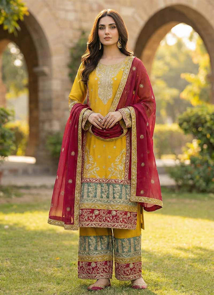 Yellow and Maroon Multi Embroidered Pant Suit