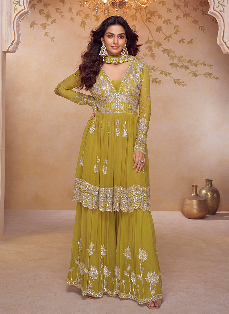 Yellow Embroidered Gharara Style Suit