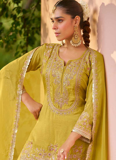 Yellow Embroidery Silk Gharara Suit