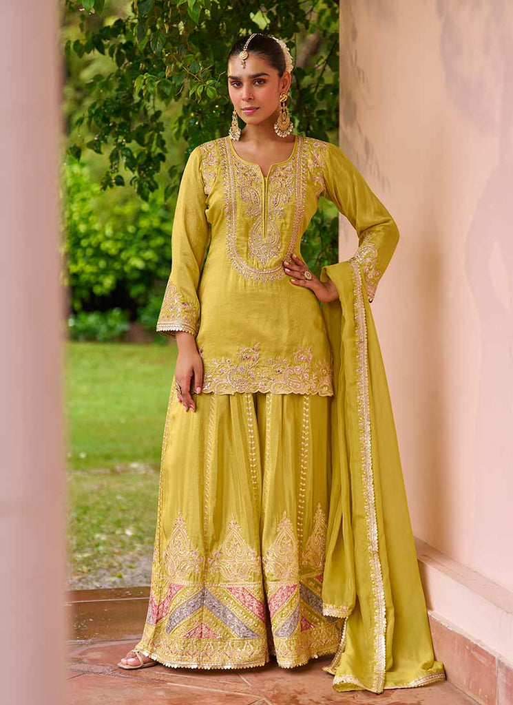 Yellow Embroidered Silk Gharara Suit
