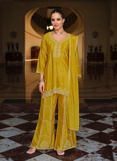 Yellow Reshamkari Embroidery Palazzo Style Suit