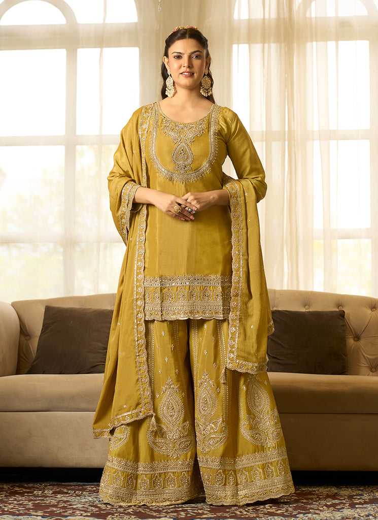 Yellow Embroidery Chinnon Silk Palazzo Suit