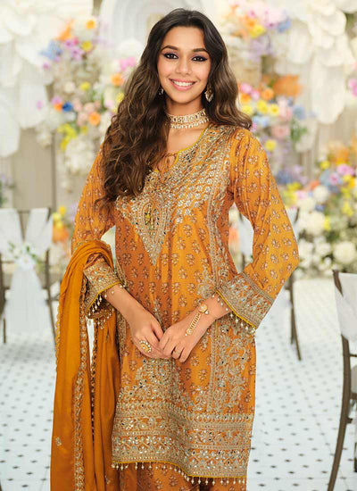 Yellow Embroidered Printed Palazzo Suit