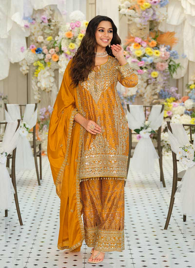 Yellow Embroidery Printed Palazzo Suit