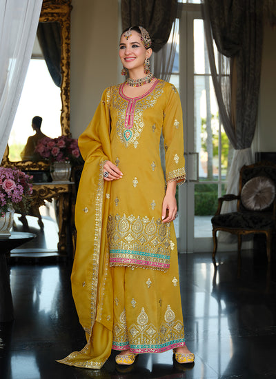 Yellow Traditional Embroidery Palazzo Suit