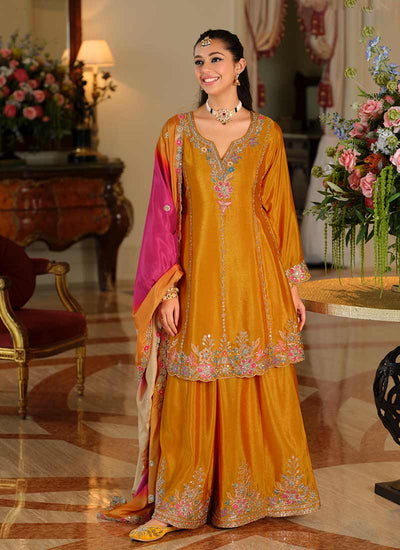 Yellow Reshamkari Embroidery Palazzo Suit