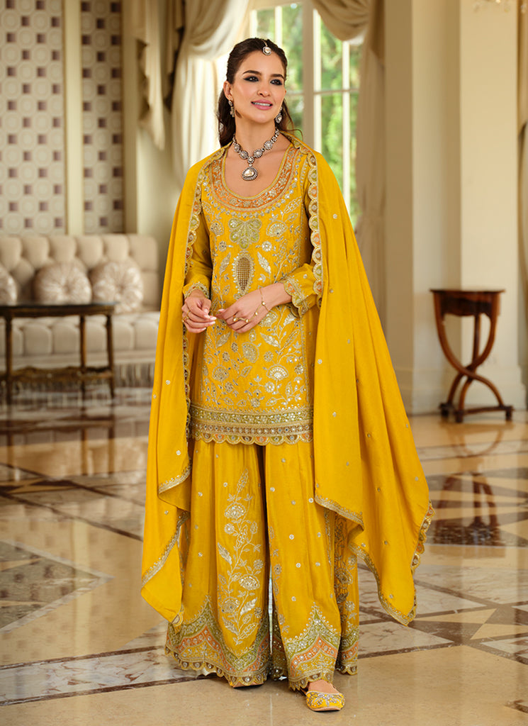 Yellow Designer Embroidered Palazzo Suit