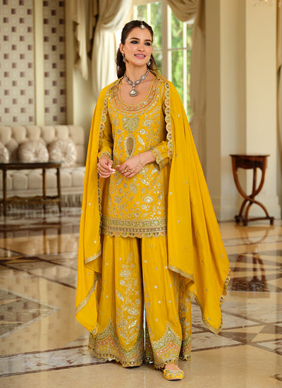 Yellow Designer Embroidered Palazzo Suit