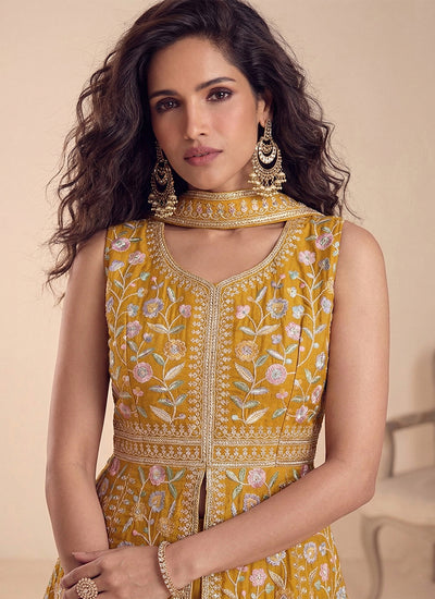 Yellow Multi Embroidered Designer Peplum Palazzo Suit
