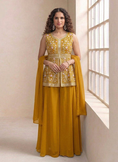 Yellow Multi Embroidered Designer Peplum Palazzo Suit