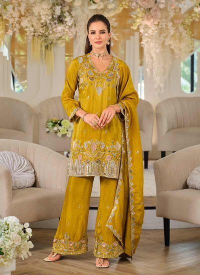 Yellow Multi Embroidered Silk Pant Style Suit