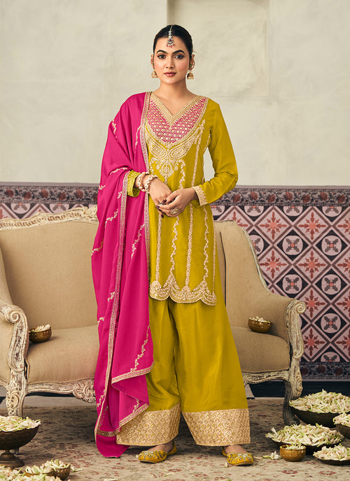 Yellow Multi Embroidery Farshi Salwar Suit