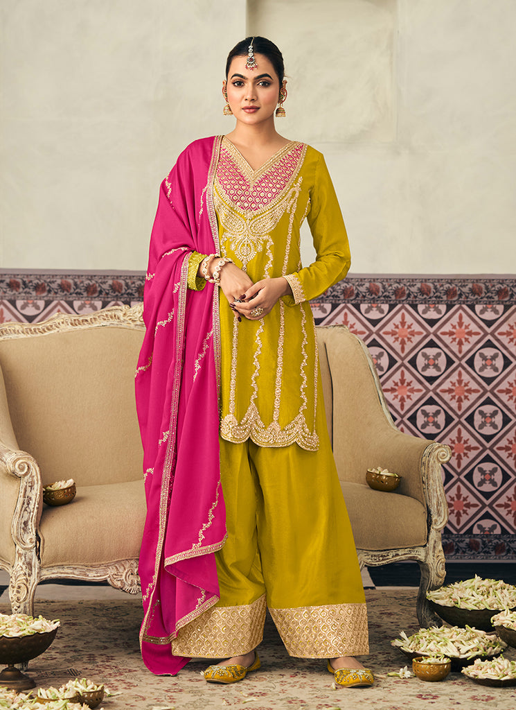 Yellow Multi Embroidery Farshi Salwar Suit