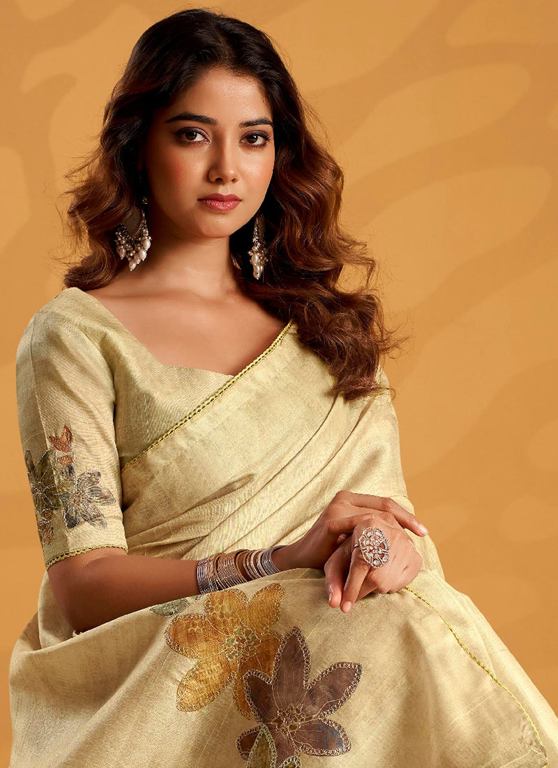 Pale Yellow Embroidered Traditional Silk Saree