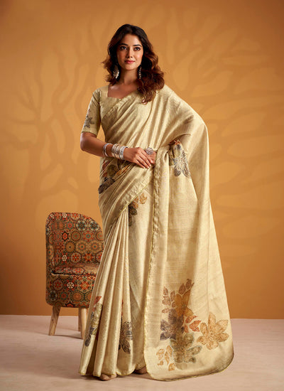 Pale Yellow Embroidered Traditional Silk Saree