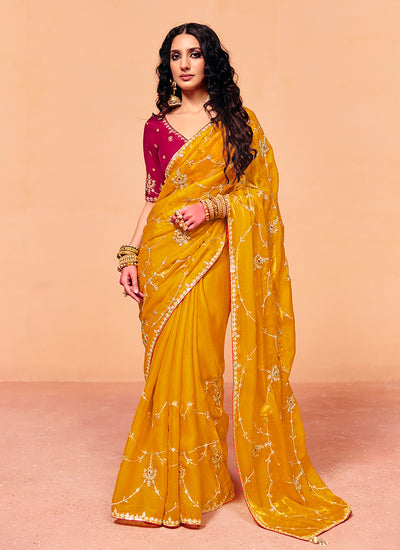 Yellow and Pink Embroidered Bridal Saree