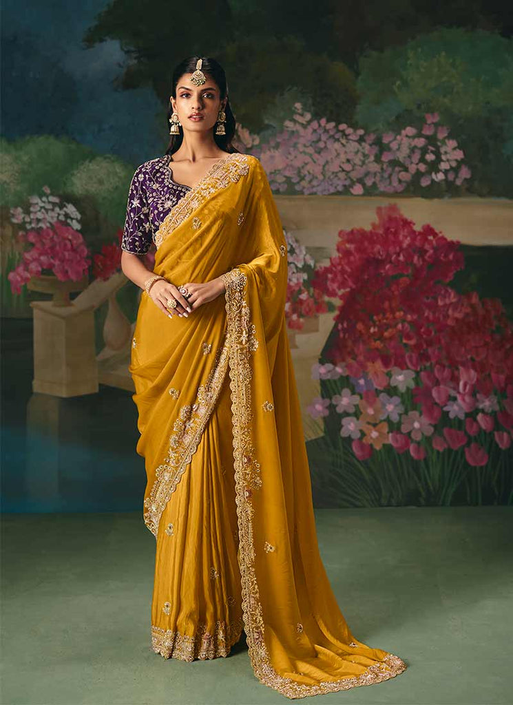 Yellow and Purple Embroidery Saree and Blouse