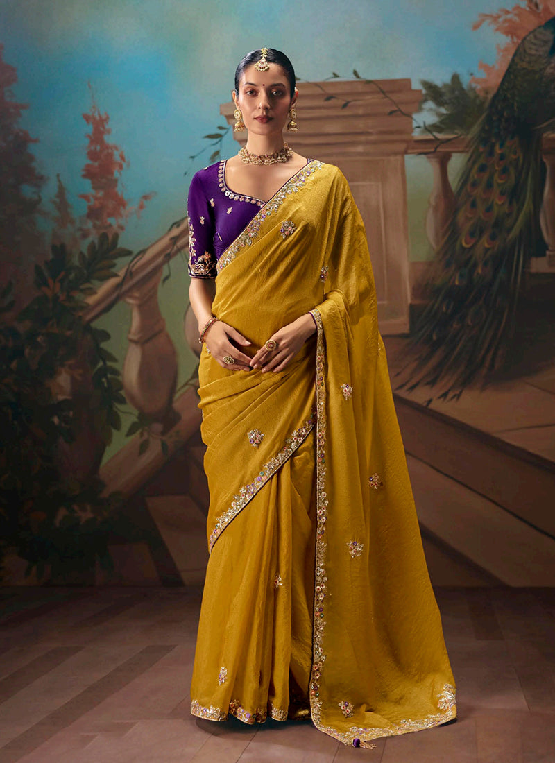 Yellow and Purple Embroidered Party Wear Silk Saree