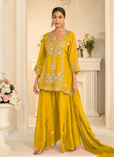 Yellow Mirror Embroidery Sharara Style Suit