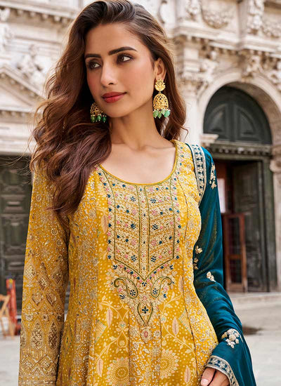 Yellow Teal Ombré Embroidery Anarkali Sharara Suit
