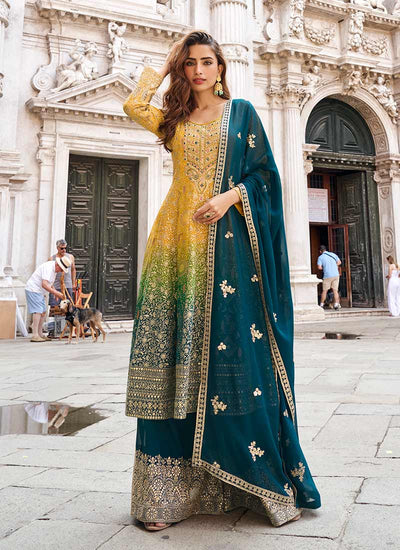 Yellow Teal Ombré Embroidery Anarkali Sharara Suit