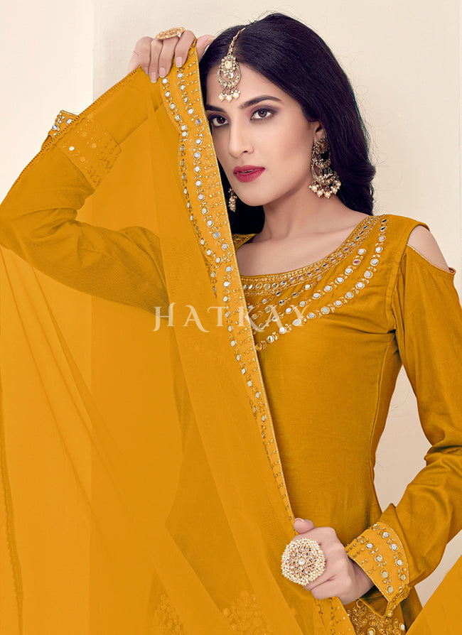 Mustard Yellow Silk Embroidery Pant Style Salwar Kameez – Apparel Designer