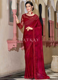 Cherry Red Sequence Embroidery Designer Silk Saree