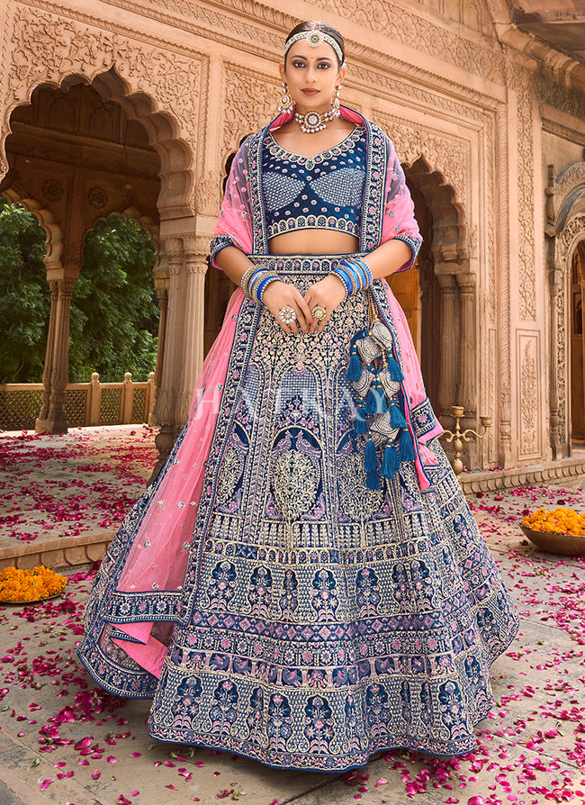 Blue And Pink Velvet Designer Bridal Lehenga Choli