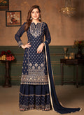 Navy Blue Embroidered Designer Georgette Palazzo Suit