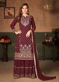 Maroon Embroidered Designer Georgette Palazzo Suit