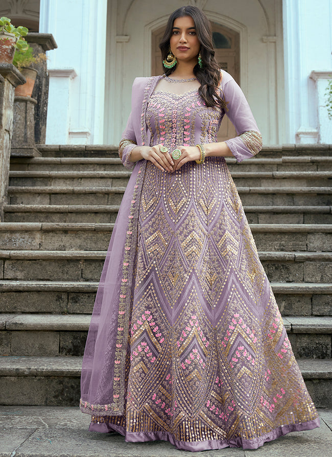 Dusty Gray Designer Embroidered Satin Anarkali Gown | Gowns, Designer gowns,  Gowns dresses