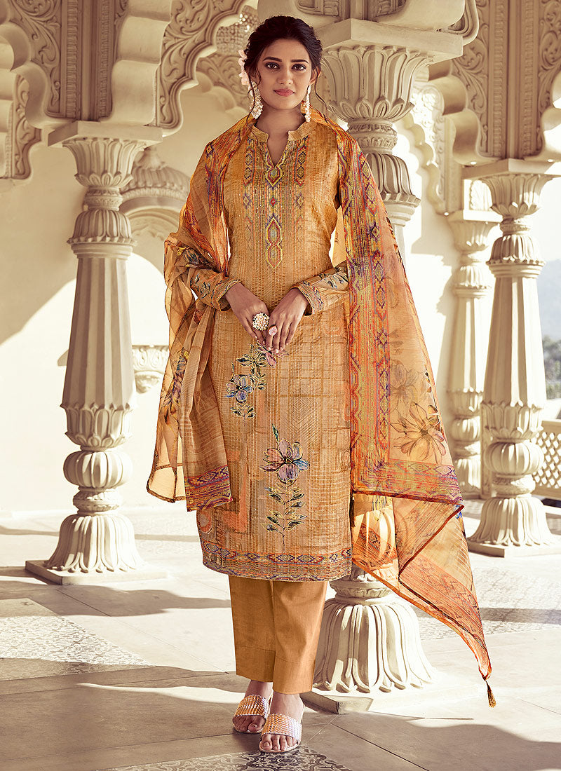 Yellow Digital Print Casual Wear Pant Style Suit