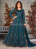 Royal Blue Zari Embroidered Slit Style Anarkali Pant Suit