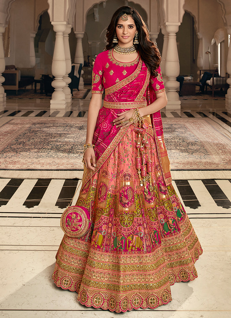 Magenta Embroidery Wedding Lehenga Choli With Belt