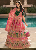 Pink And Green Embroidery Wedding Lehenga Choli With Belt