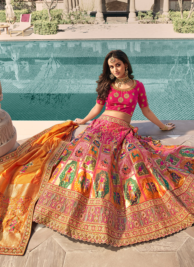 Pink, Red And Gold Orange Banarasi Silk Crush Lehenga Choli With Gota –  Anaara ethnic
