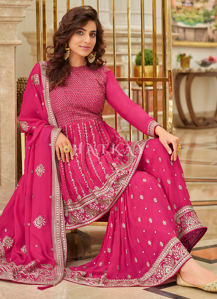 Buy Gharara - Hot Pink Embroidered Traditional Festive Gharara Suit