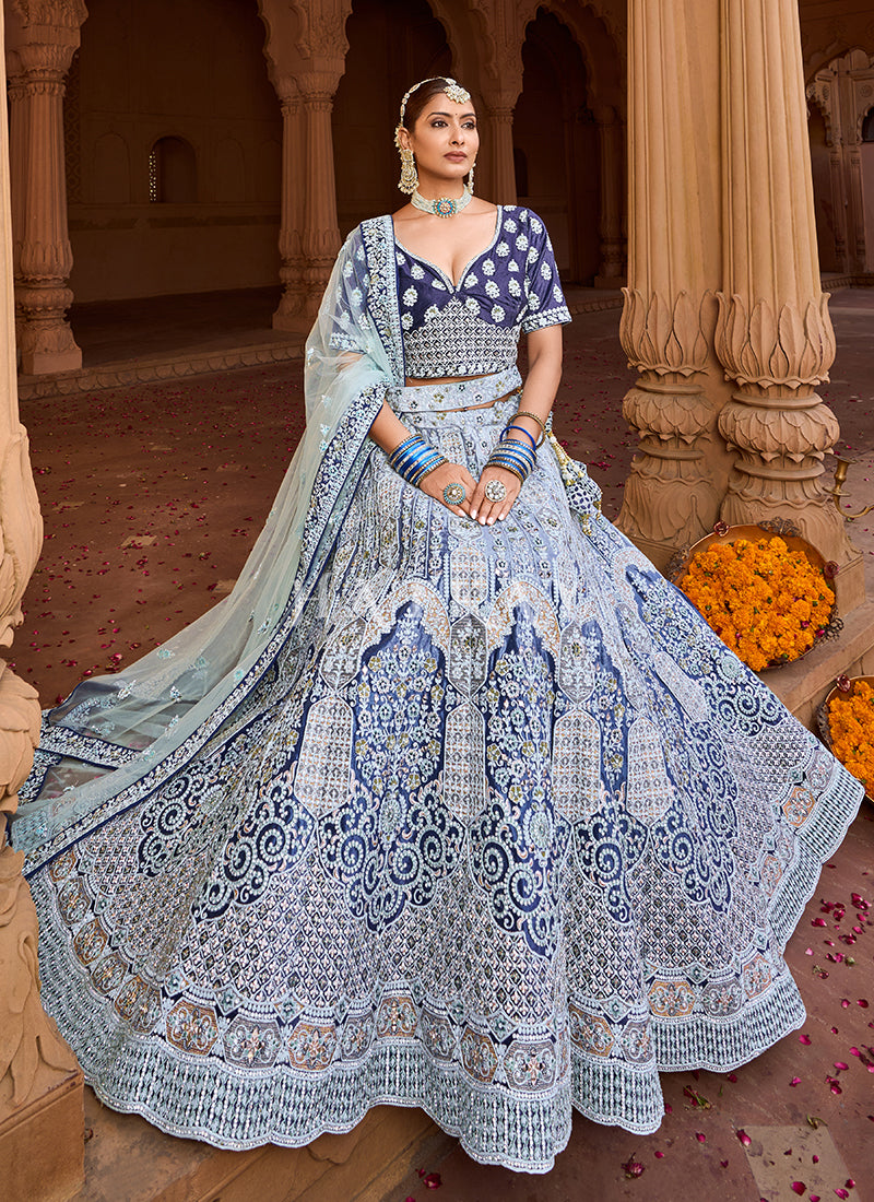 Buy Bridal Lehenga - Royal Blue Velvet Designer Bridal Lehenga Choli