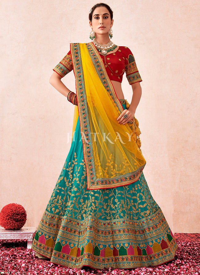 Red And Turquoise Multi Embroidered Traditional Lehenga Choli