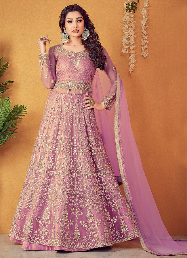 Fairy Pink Golden Embroidered Designer Anarkali Lehenga Suit