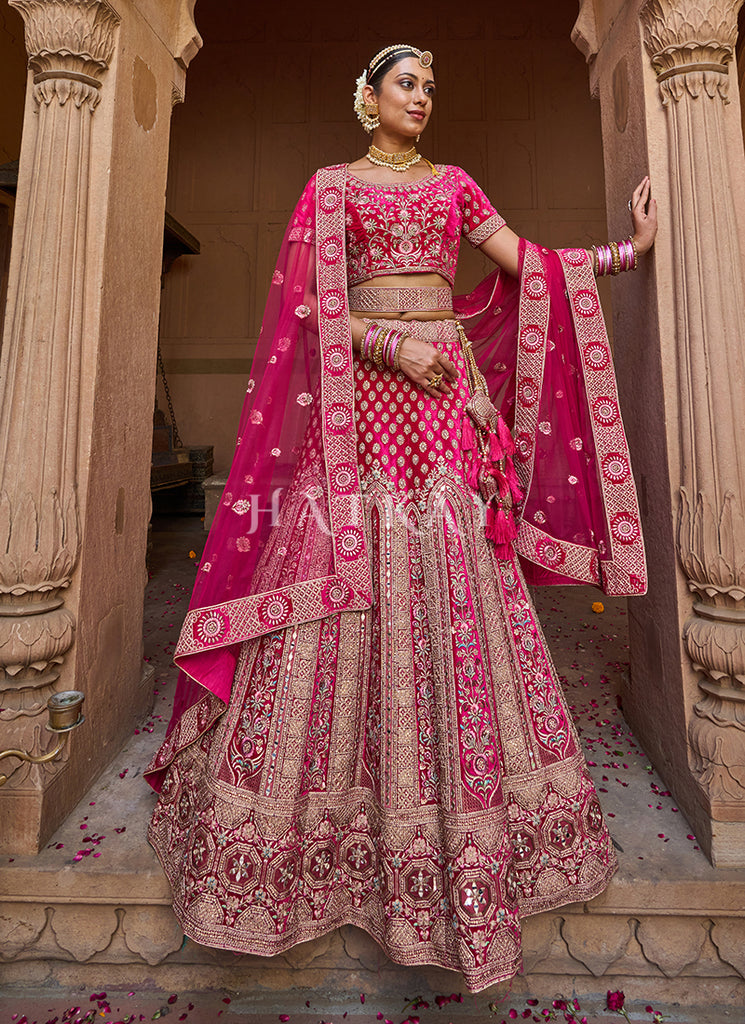 Deep Pink Velvet Designer Bridal Lehenga Choli