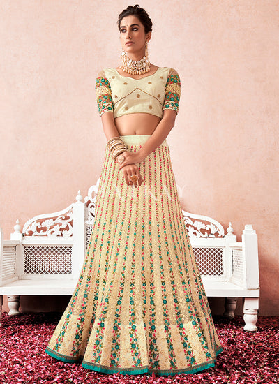 Cream And Sea Green Multi Embroidered Traditional Lehenga Choli