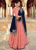 Peach And Blue Foil Mirror Embroidery Festive Anarkali Gown