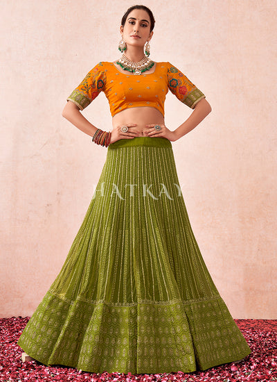 Green And Orange Multi Embroidered Traditional Lehenga Choli