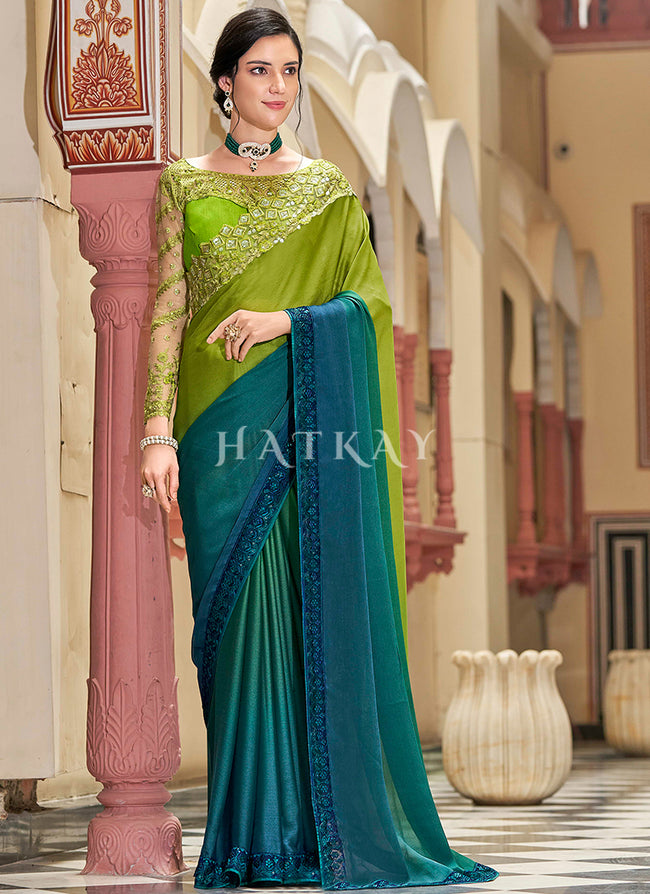 Green And Blue Sequence Embroidery Designer Silk Saree