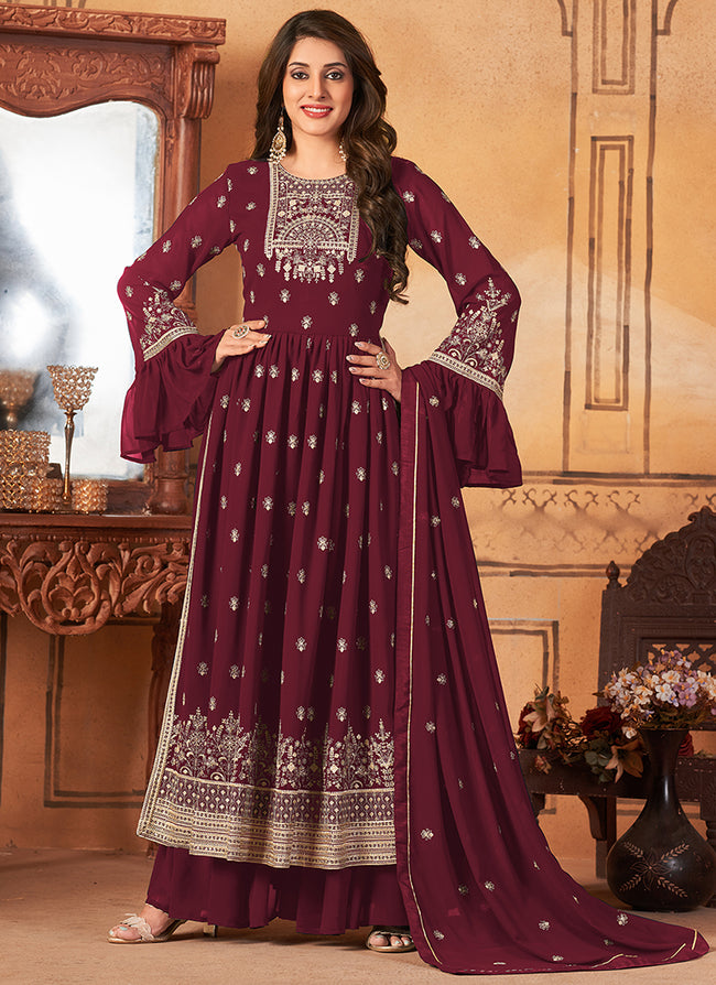 Maroon Color Georgette Fabric Embroidered Work Appealing Palazzo Suit