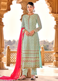 Sage Green Embroidered Georgette Pant Style Suit