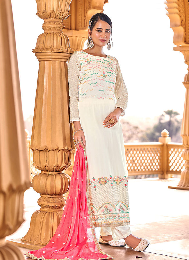 Off White Embroidered Georgette Pant Style Suit