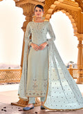 Ice Blue Embroidered Georgette Pant Style Suit