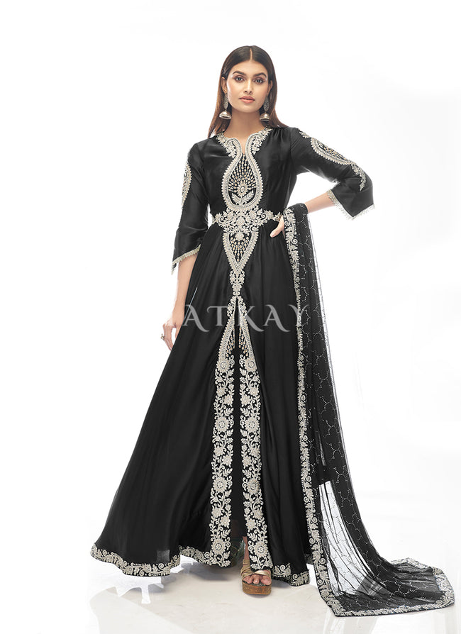Jade Black Zari Embroidered Slit Style Anarkali Pant Suit